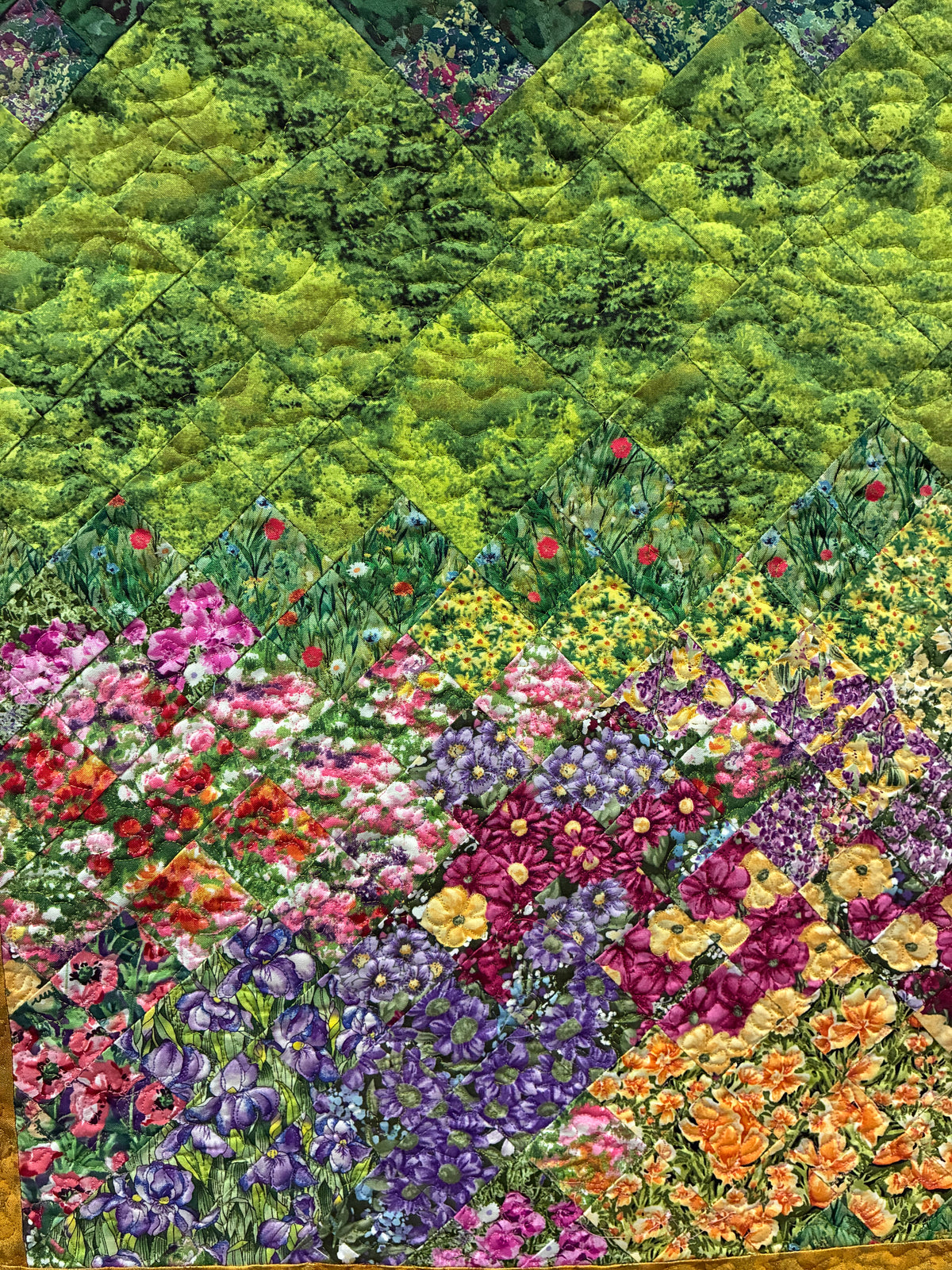 Mountain Spring Flowers Art Quilt Tapestry, Fabric Wall Hanging 24x38" Alpine Flowers Snowy Forest Landscape