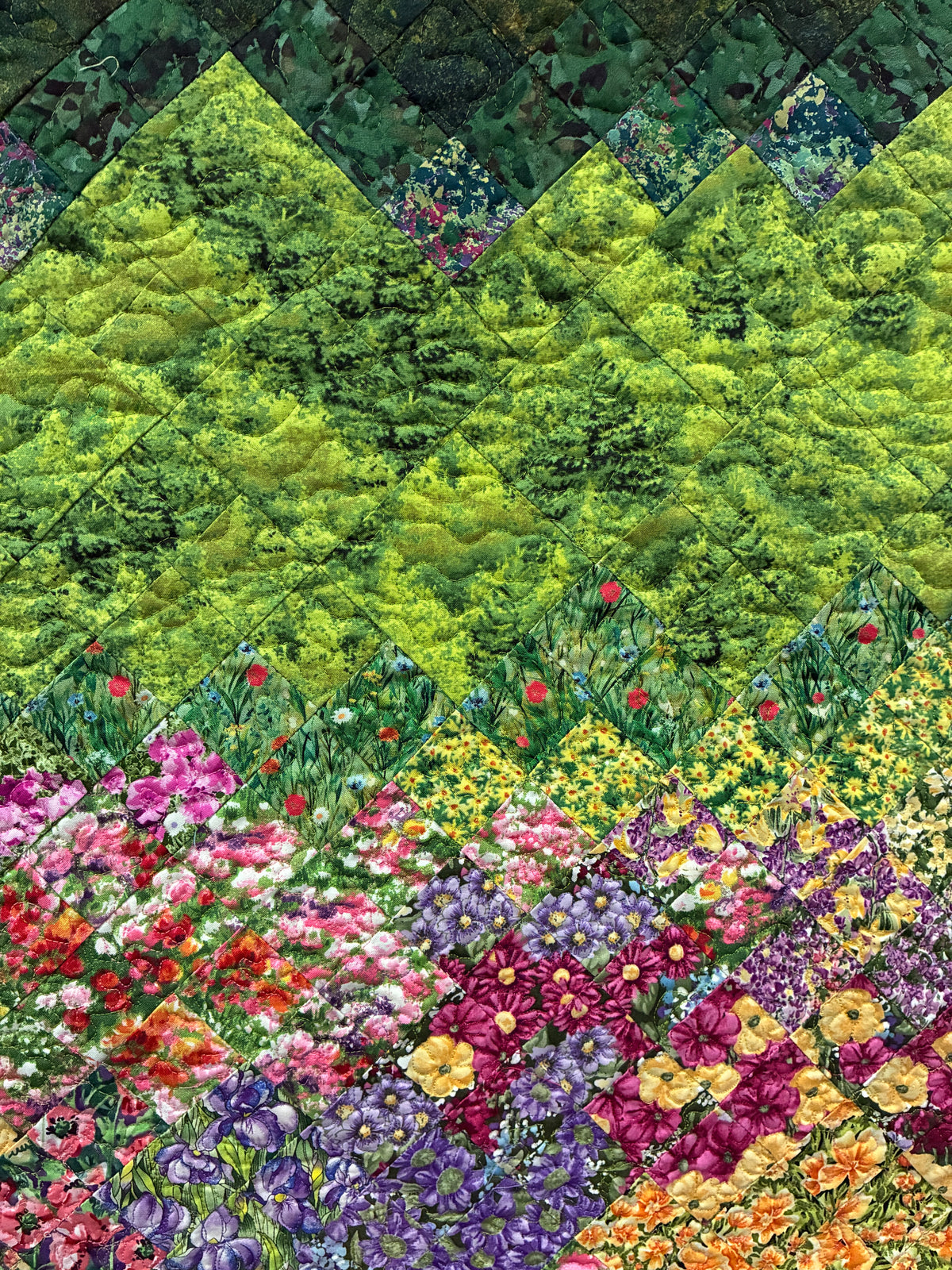 Mountain Spring Flowers Art Quilt Tapestry, Fabric Wall Hanging 24x38" Alpine Flowers Snowy Forest Landscape