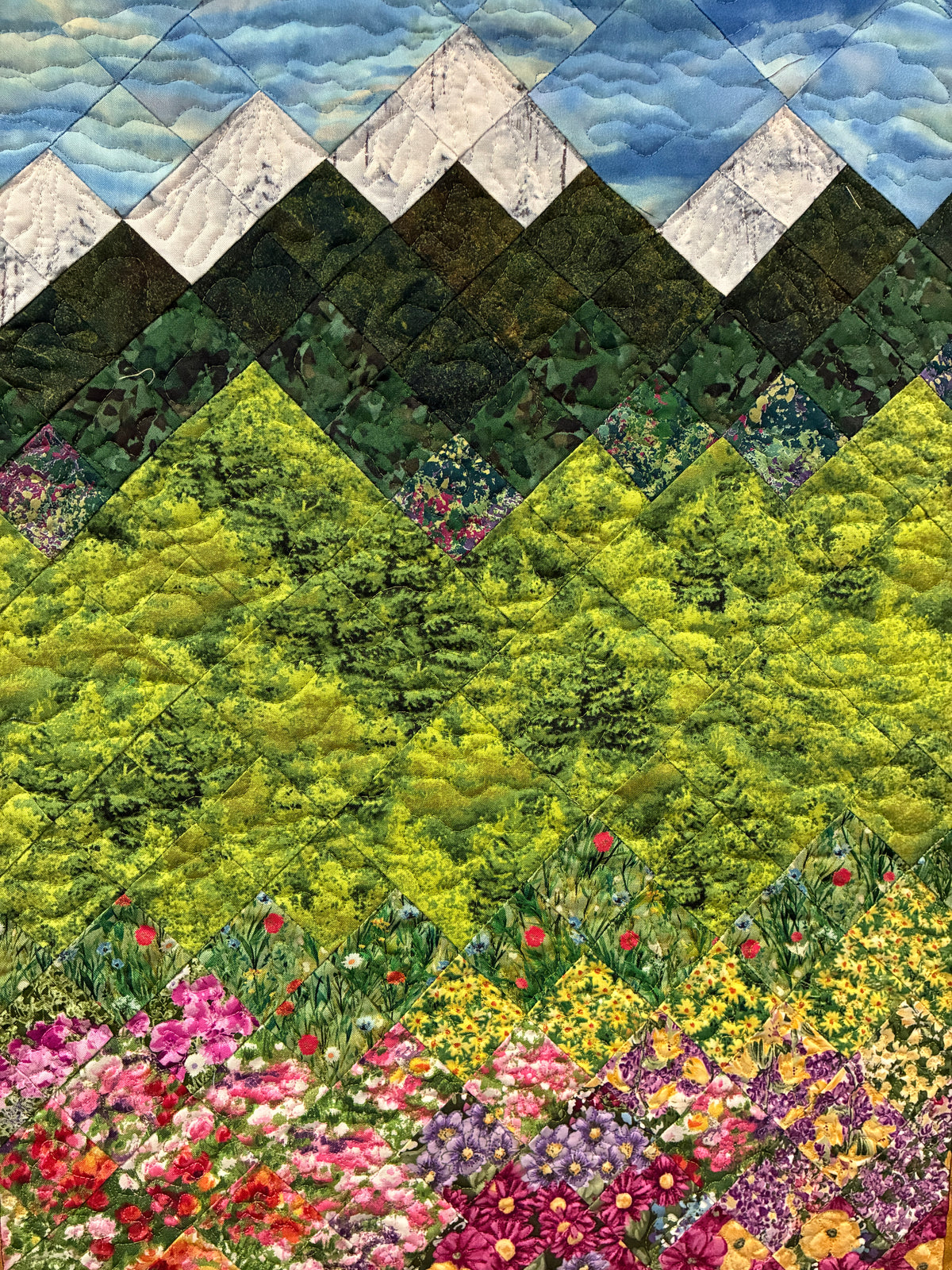 Mountain Spring Flowers Art Quilt Tapestry, Fabric Wall Hanging 24x38" Alpine Flowers Snowy Forest Landscape