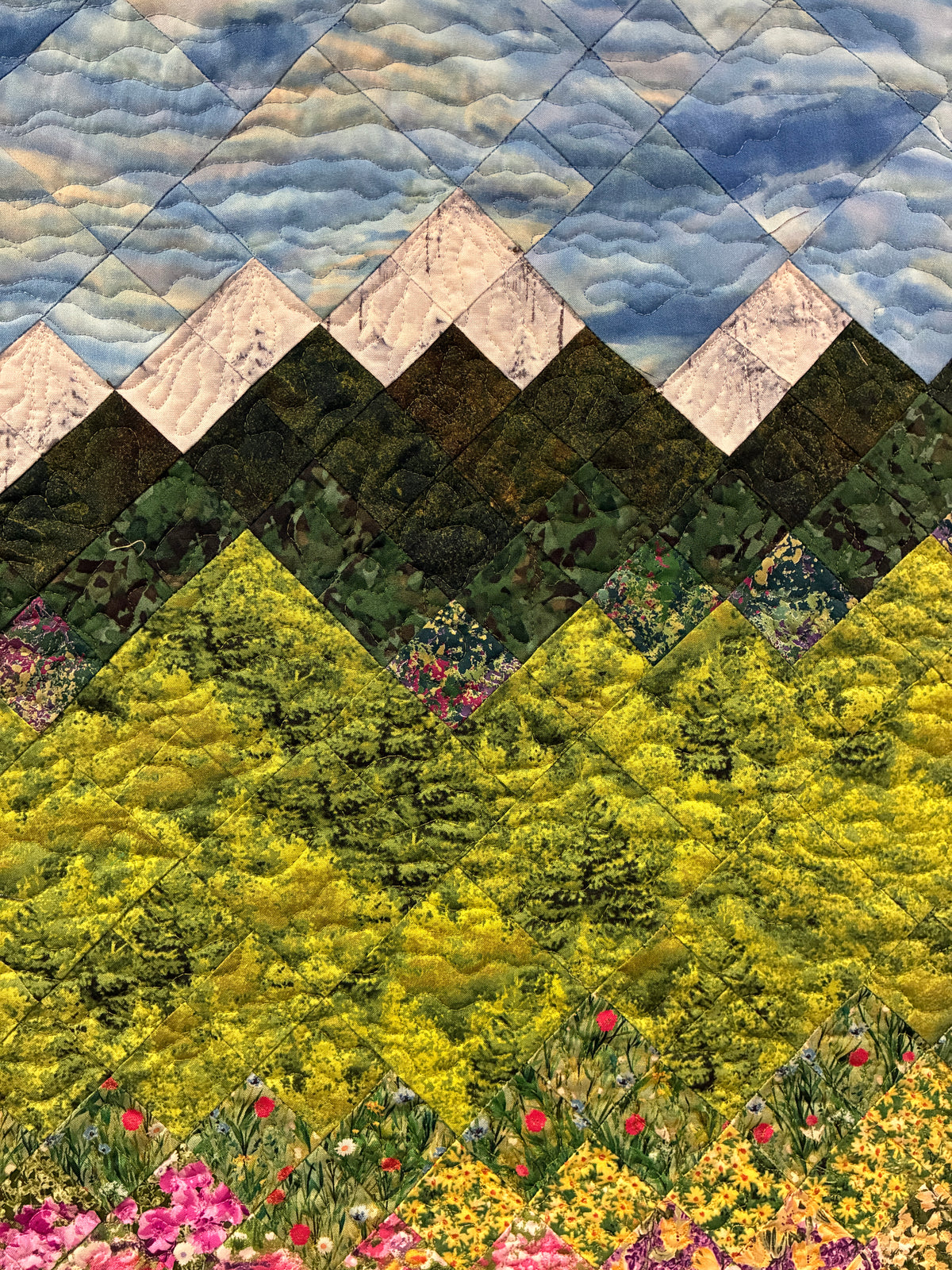 Mountain Spring Flowers Art Quilt Tapestry, Fabric Wall Hanging 24x38" Alpine Flowers Snowy Forest Landscape