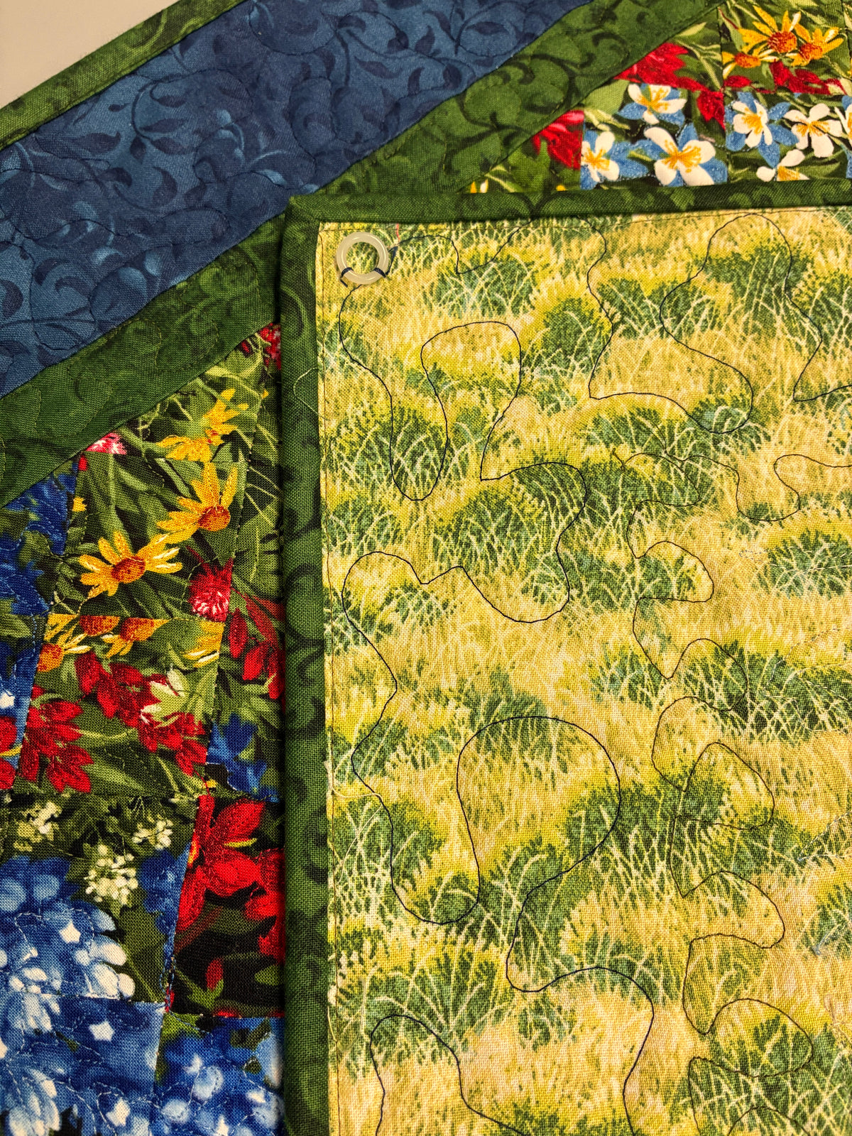Mountain Spring Flowers Art Quilt Tapestry, Fabric Wall Hanging 24x38" Alpine Flowers Snowy Forest Landscape