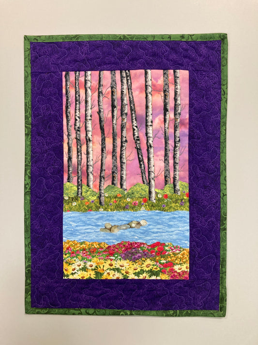 Sunset Aspen Trees and Flowers, Fabric Art Quilt Wall Hanging, Landscape Tapestry, Autumn Floral 14x19" Original Artwork Handmade Woodland