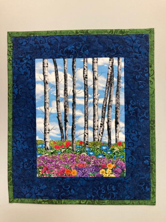 Blue Skies Aspen Trees and Flowers, Fabric Art Quilt Wall Hanging, Landscape Tapestry, Floral 13x15" Original Artwork Handmade Woodland