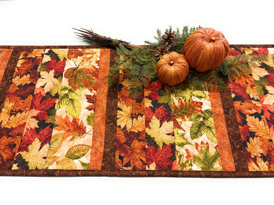 Autumn Leaves Dining Table Runner 14x40" Quilted Rust Gold Green Thanksgiving Decor Handmade