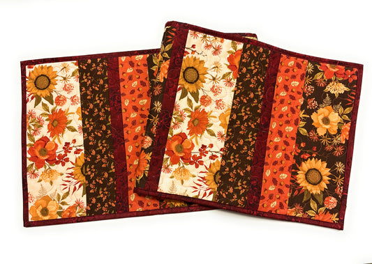 Fall Flowers Leaves Quilted Dining Table Runner Thanksgiving Decor Golden Orange Handmade