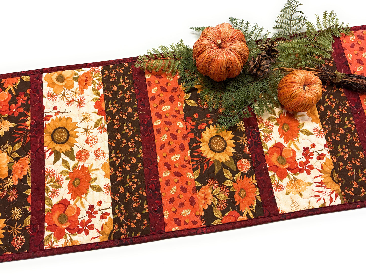 Fall Flowers Leaves Quilted Dining Table Runner Thanksgiving Decor Golden Orange Handmade