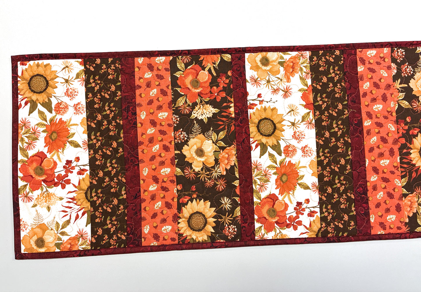 Fall Flowers Leaves Quilted Dining Table Runner Thanksgiving Decor Golden Orange Handmade