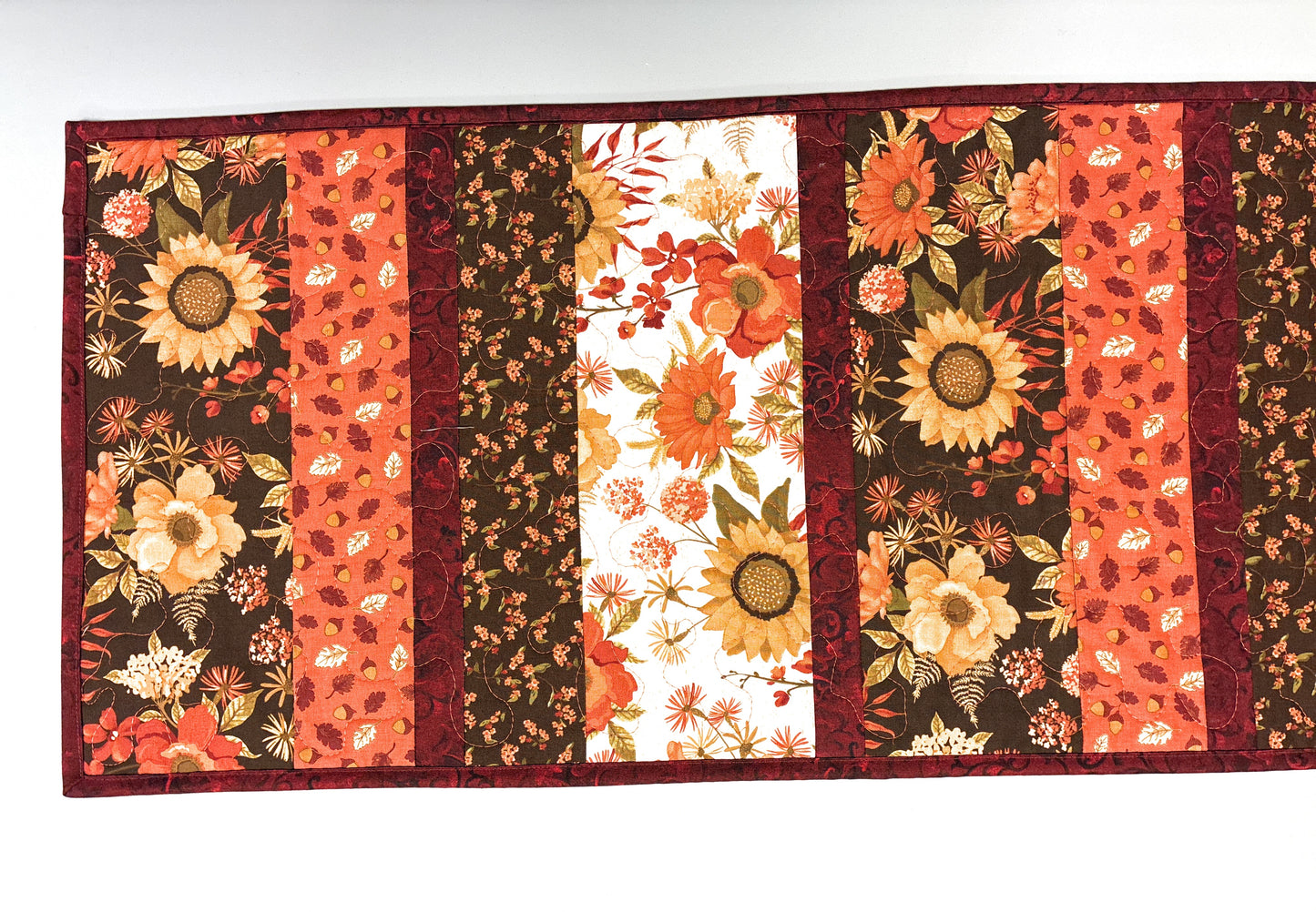 Fall Flowers Leaves Quilted Dining Table Runner Thanksgiving Decor Golden Orange Handmade