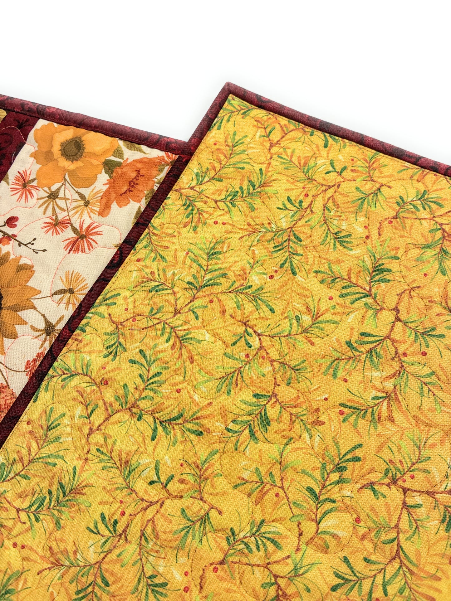 Fall Flowers Leaves Quilted Dining Table Runner Thanksgiving Decor Golden Orange Handmade