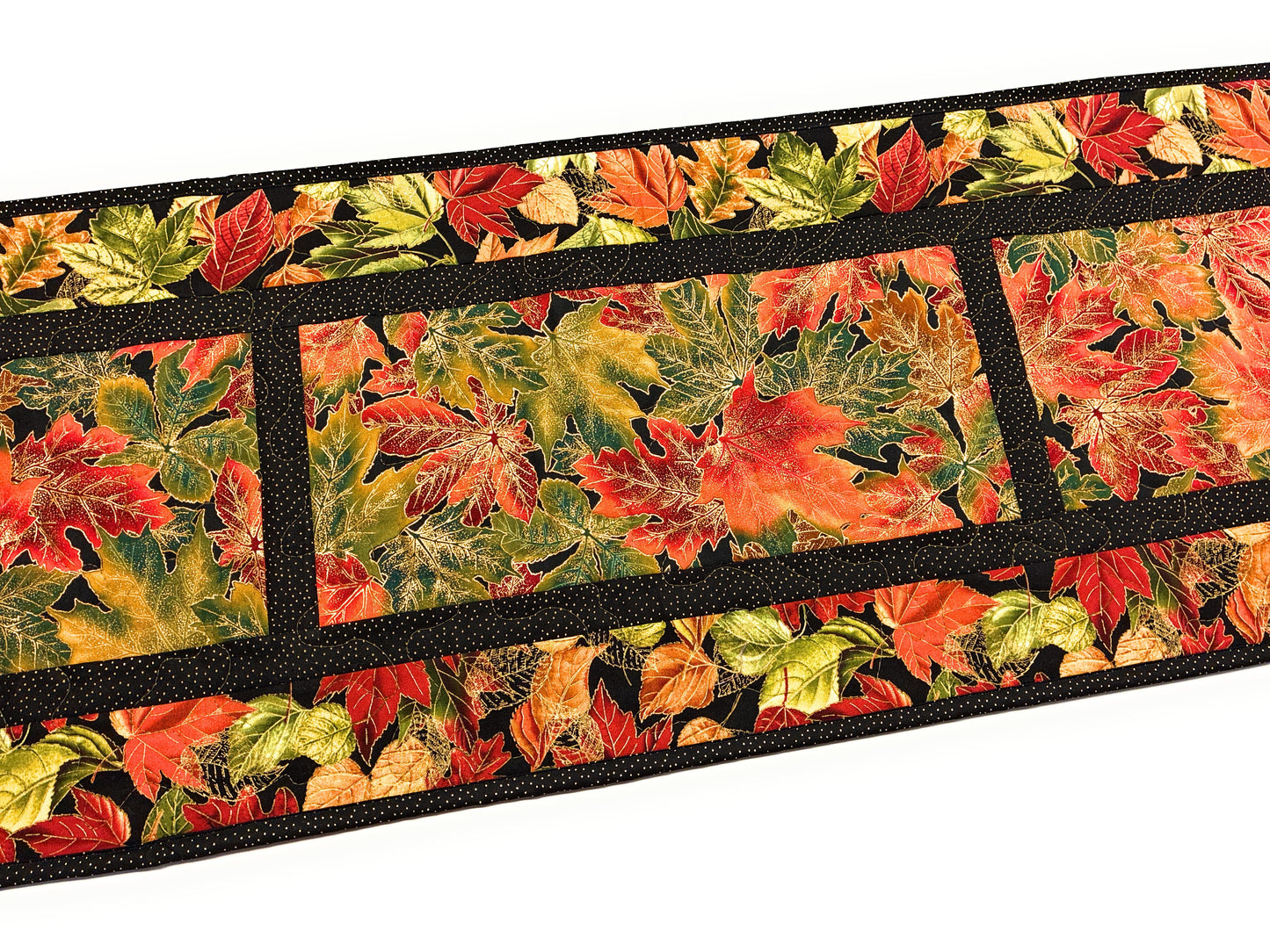 Golden Red Fall Leaves Quilted Dining Table Runner, 14x48", Autumn Thanksgiving Decor Handmade