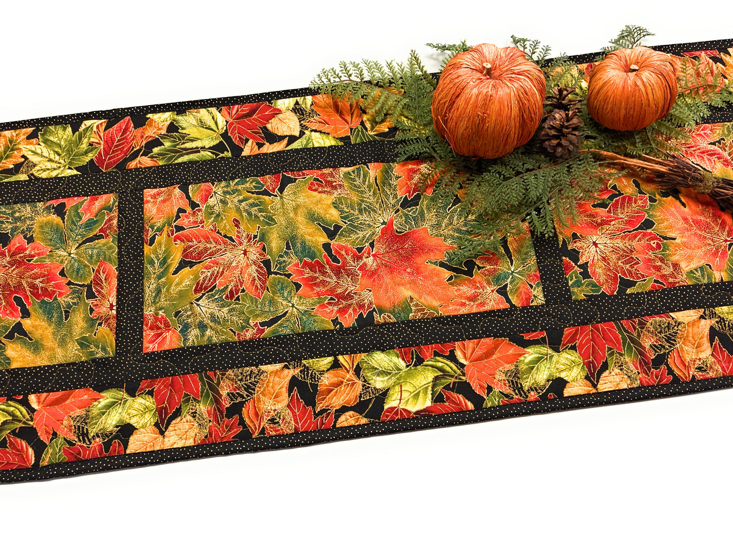 Golden Red Fall Leaves Quilted Dining Table Runner, 14x48", Autumn Thanksgiving Decor Handmade