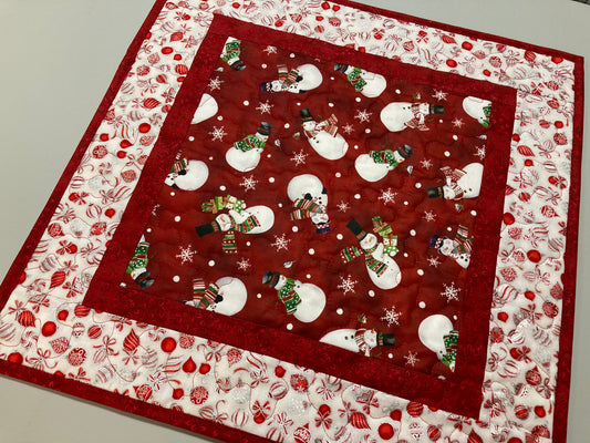 Jolly Snowman Ornaments Quilted Christmas Table Square, 19x19" Dining Coffee Table, Reversible Winter, Red Silver Holiday Winter Handmade