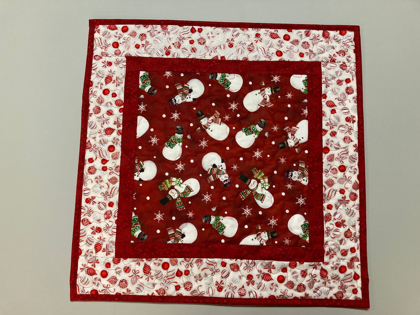 Jolly Snowman Ornaments Quilted Christmas Table Square, 19x19" Dining Coffee Table, Reversible Winter, Red Silver Holiday Winter Handmade