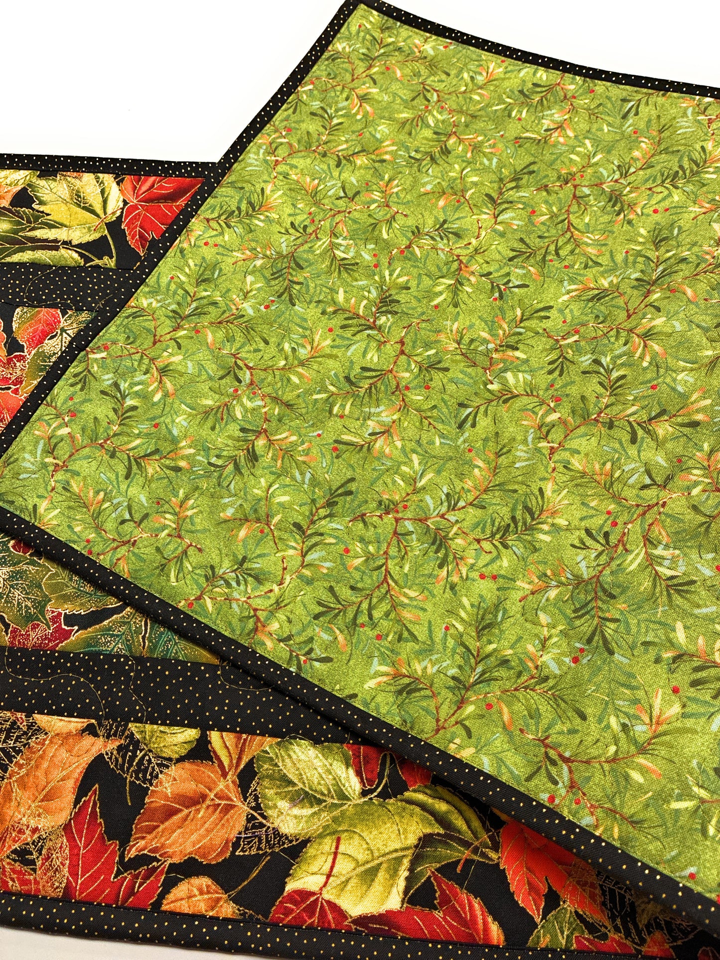 Golden Red Fall Leaves Quilted Dining Table Runner, 14x48", Autumn Thanksgiving Decor Handmade