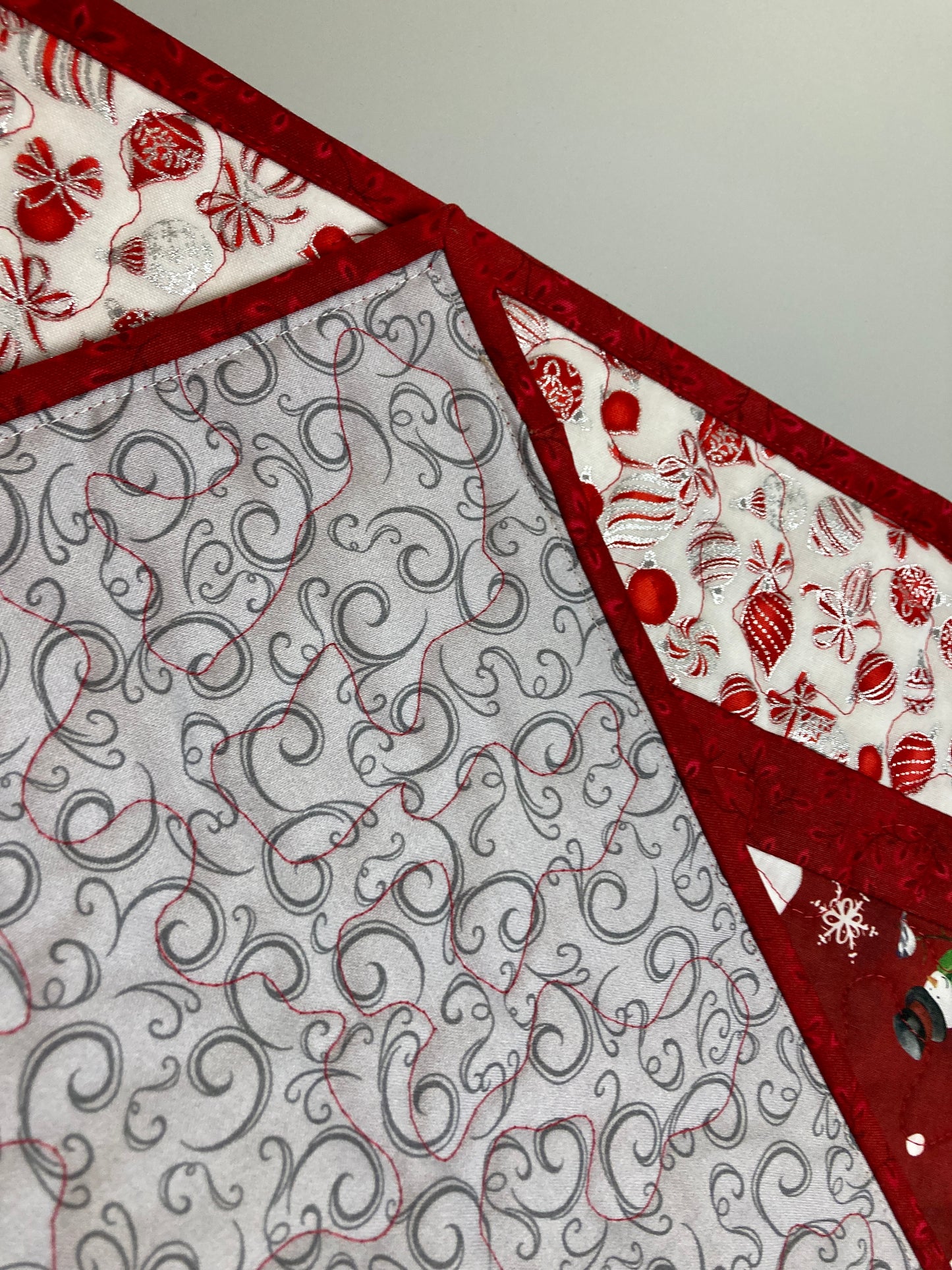 Jolly Snowman Ornaments Quilted Christmas Table Square, 19x19" Dining Coffee Table, Reversible Winter, Red Silver Holiday Winter Handmade