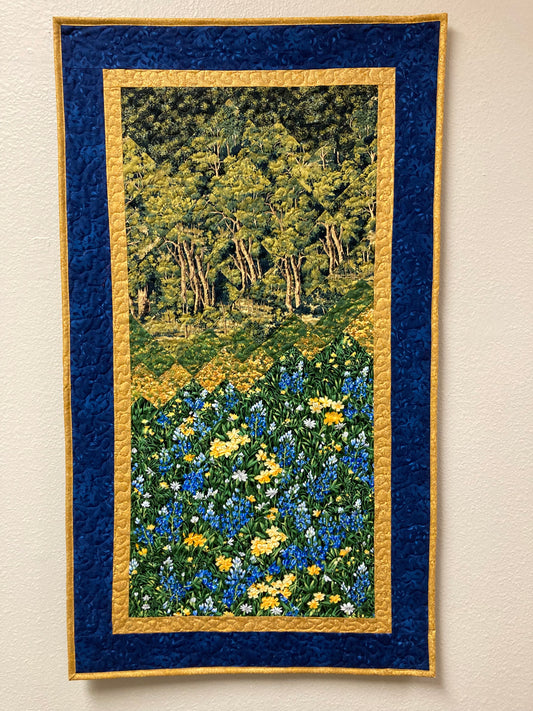 Art Quilt, Blue and Yellow Flower, Forest Fabric Wall Hanging Quilted Wall Art Tree Landscape Quilt Impressionistic 23x42" Handmade Original Artwork Tapestry