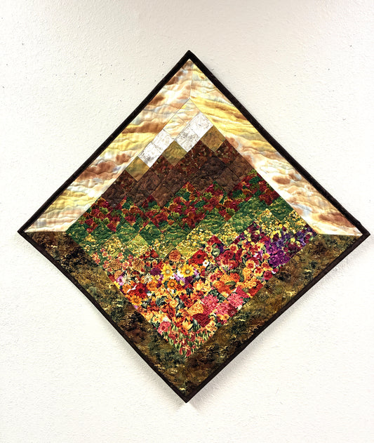 Art Quilt, Fall Sunset Mountain Fabric Wall Hanging Landscape Tapestry 31x31" Diagonal Handmade
