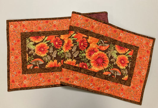 Fall Sunflowers Mushrooms and Acorns Quilted Table Runner, 14x48" Reversible Leaves, Woodland Forest Orange Red Green Dining Coffee Table