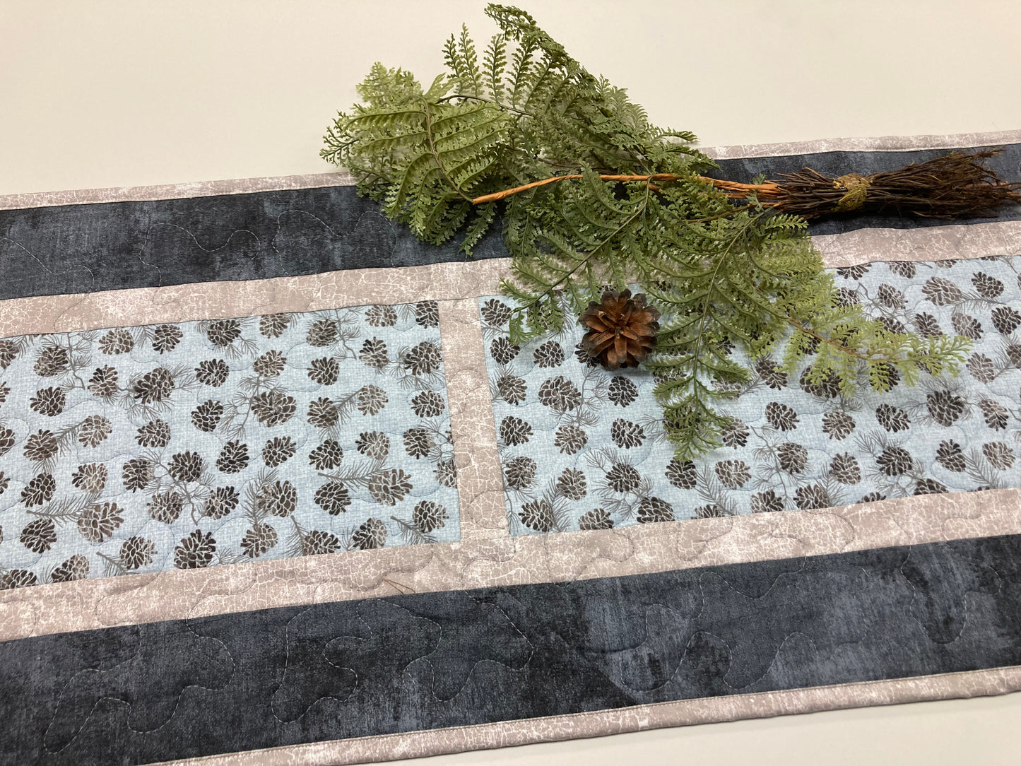 Mountain Pine Cones Quilted Dining Table Runner, 13x70 Reversible, Coffee End Table Cabin Everyday Nature Modern Blue Gray Black Handmade
