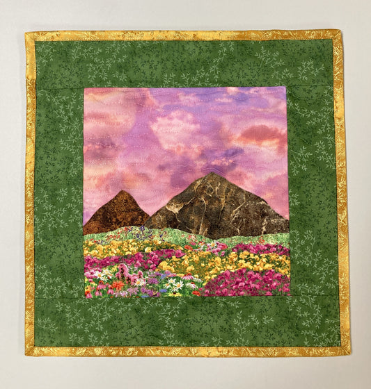 Sunset Wildflower Meadow Mountain Landscape Art Quilt, Textile Art 14x14", Tapestry Fabric Small Wall Art Hanging, Purple Yellow Flowers
