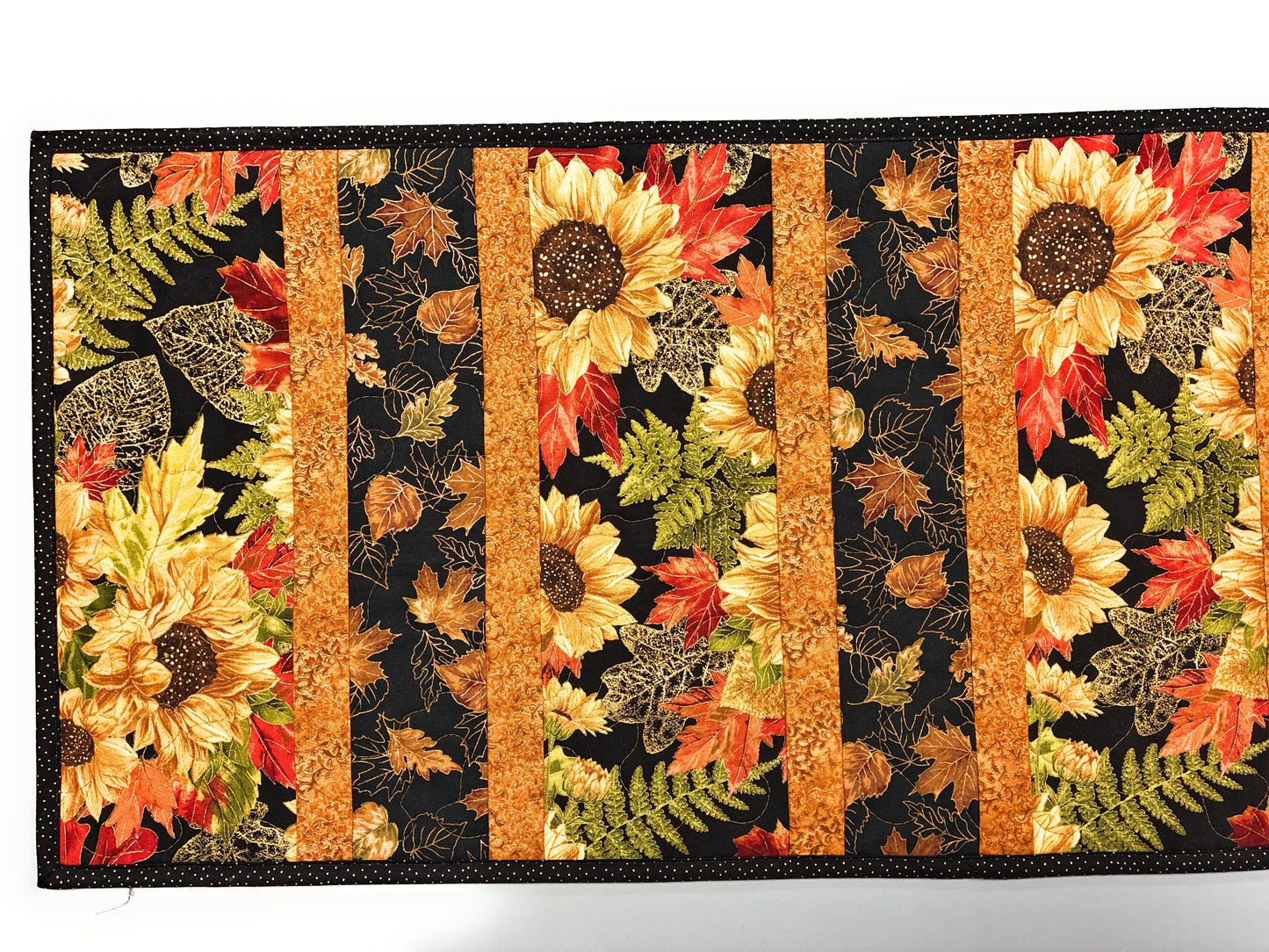 Fall Sunflowers and Leaves Quilted Dining Table Runner 13x42", Reversible Summer Handmade