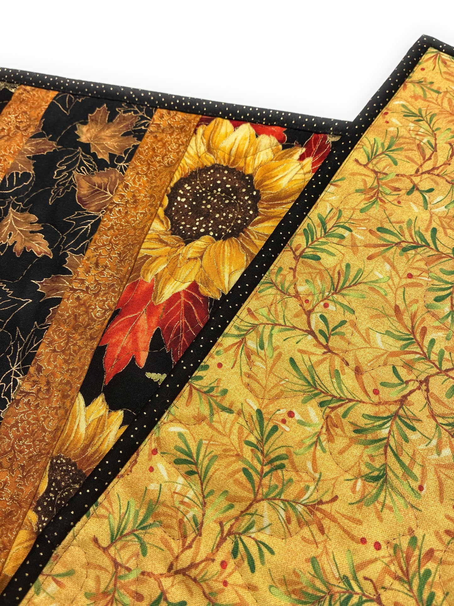 Fall Sunflowers and Leaves Quilted Dining Table Runner 13x42", Reversible Summer Handmade