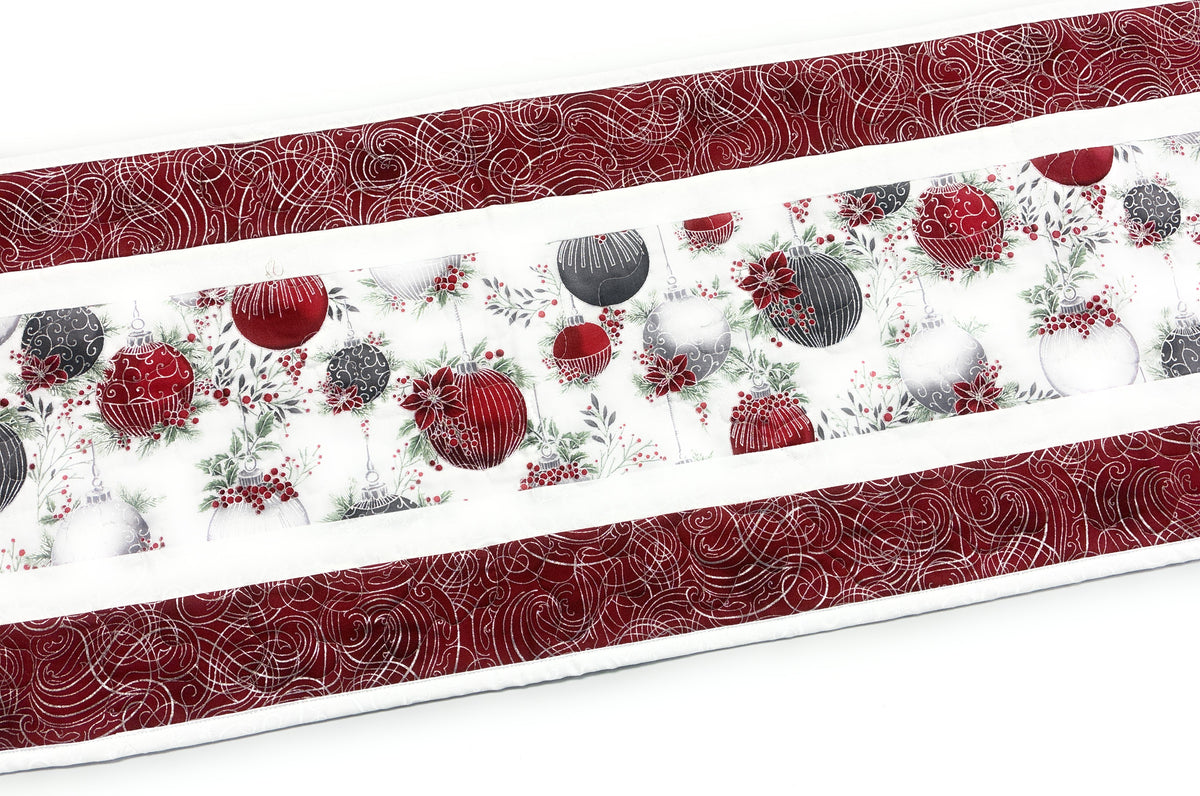 Christmas Ornament Quilted Dining Table Runner + Placemats Red Silver Balls 13x48" Handmade