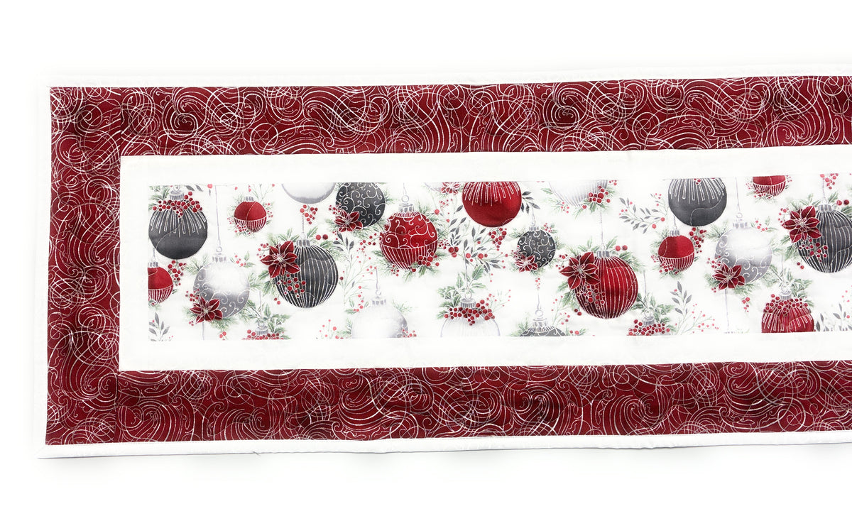 Christmas Ornament Quilted Dining Table Runner + Placemats Red Silver Balls 13x48" Handmade