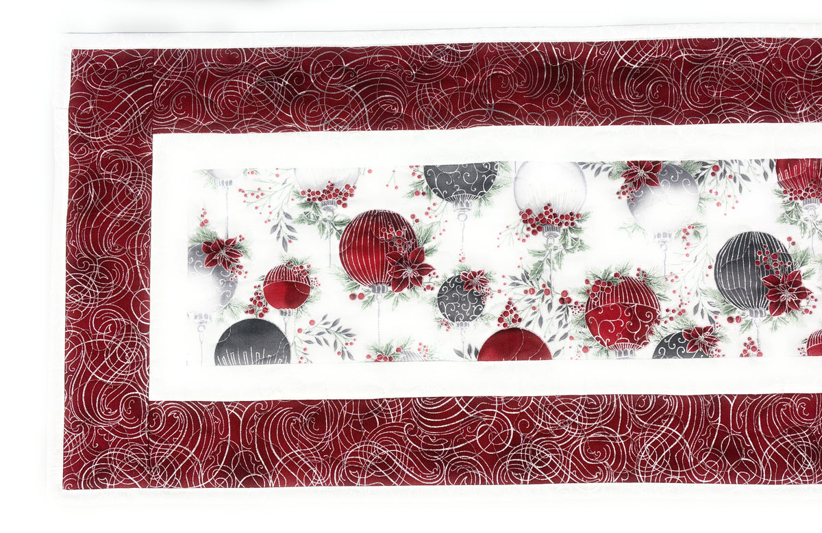 Christmas Ornament Quilted Dining Table Runner + Placemats Red Silver Balls 13x48" Handmade