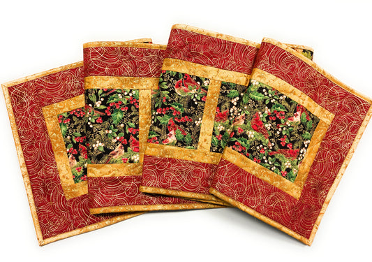 Red Cardinals Chickadees Birds 13x70" Quilted Dining Coffee Table Runner, Christmas Reversible Fall