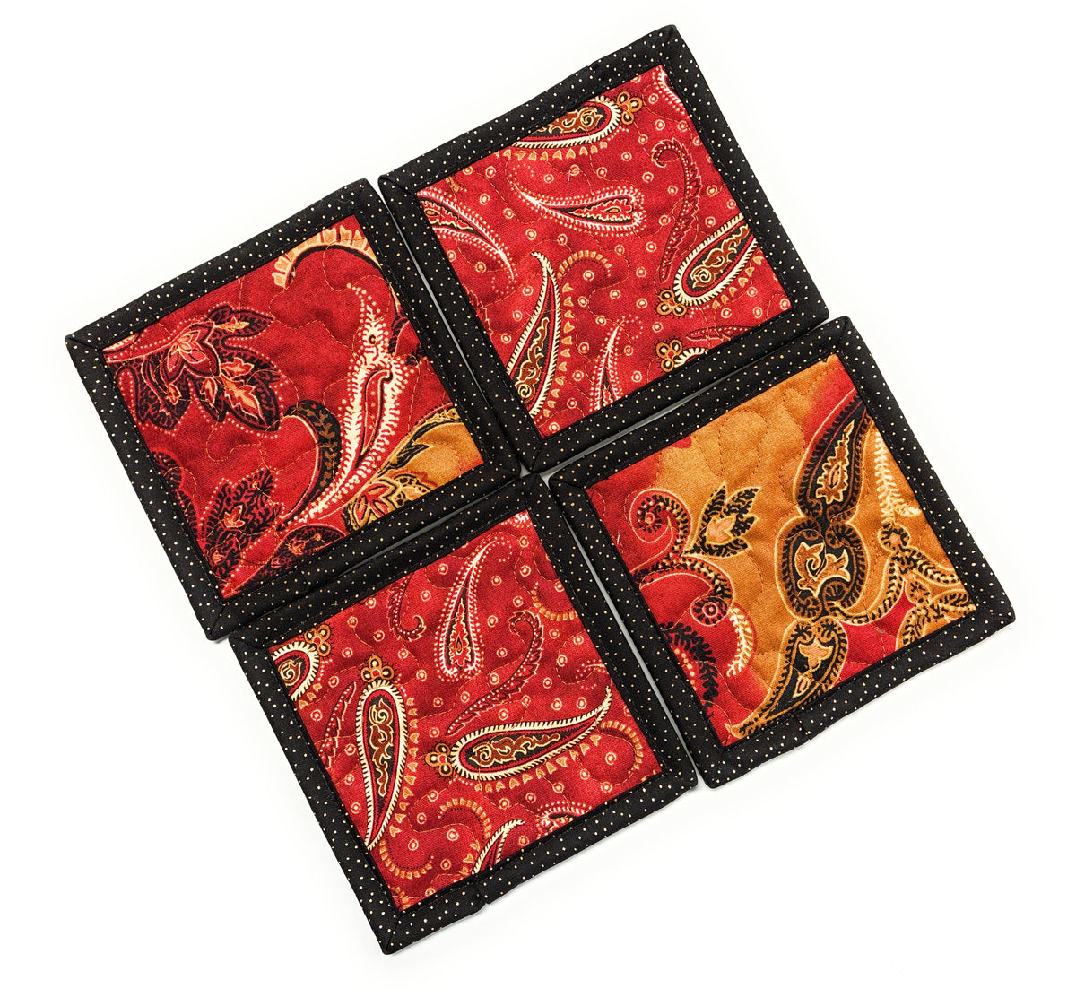 Paisley Rust Gold Red Quilted Fabric Coasters 5x5" Handmade Hot Cold Drinks Hostess Stocking Gift