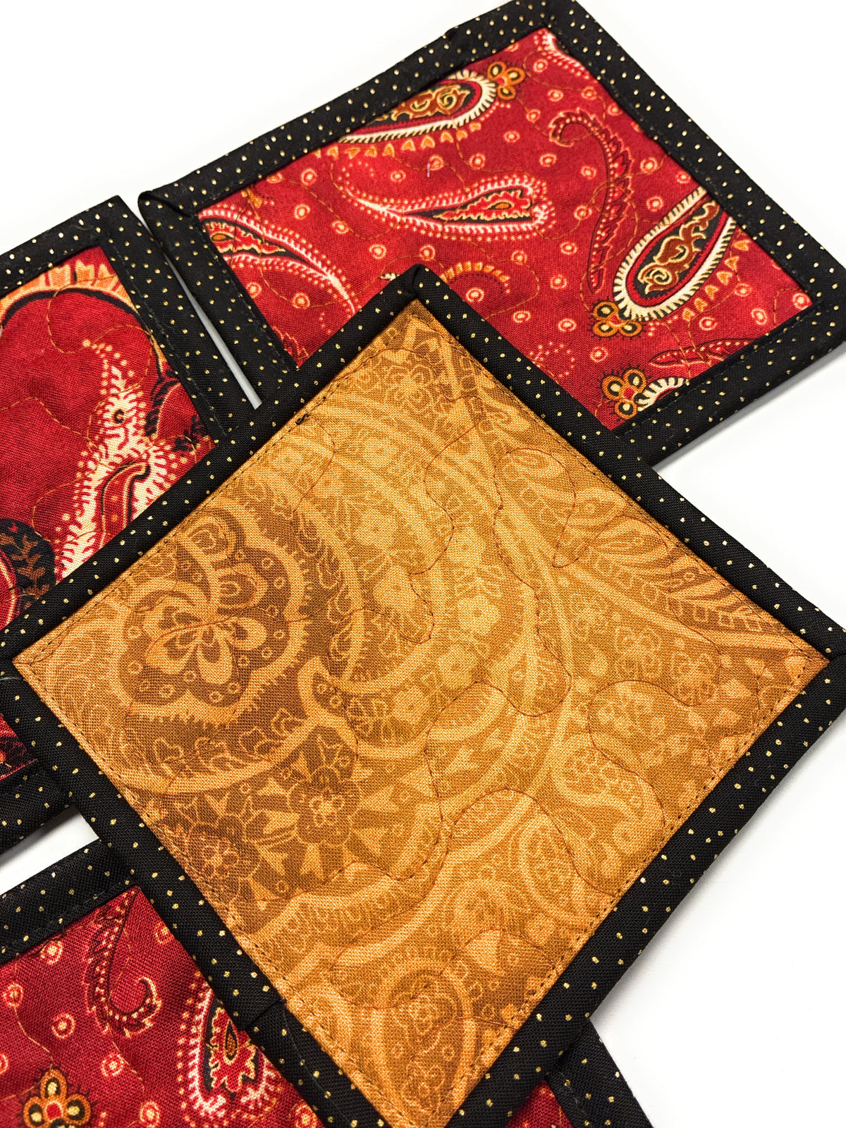 Paisley Rust Gold Red Quilted Fabric Coasters 5x5" Handmade Hot Cold Drinks Hostess Stocking Gift