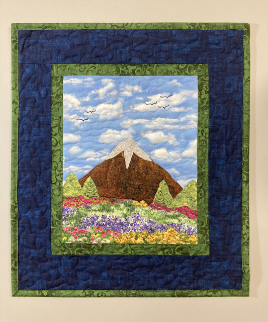 Meadow Flowers Mountain Landscape Art Quilt, 17x15" Tapestry Fabric Wall Hanging, Small Vertical Alpine Blue Skies Hiking Forest Original
