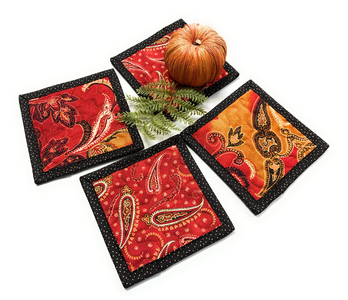 Paisley Rust Gold Red Quilted Fabric Coasters 5x5" Handmade Hot Cold Drinks Hostess Stocking Gift