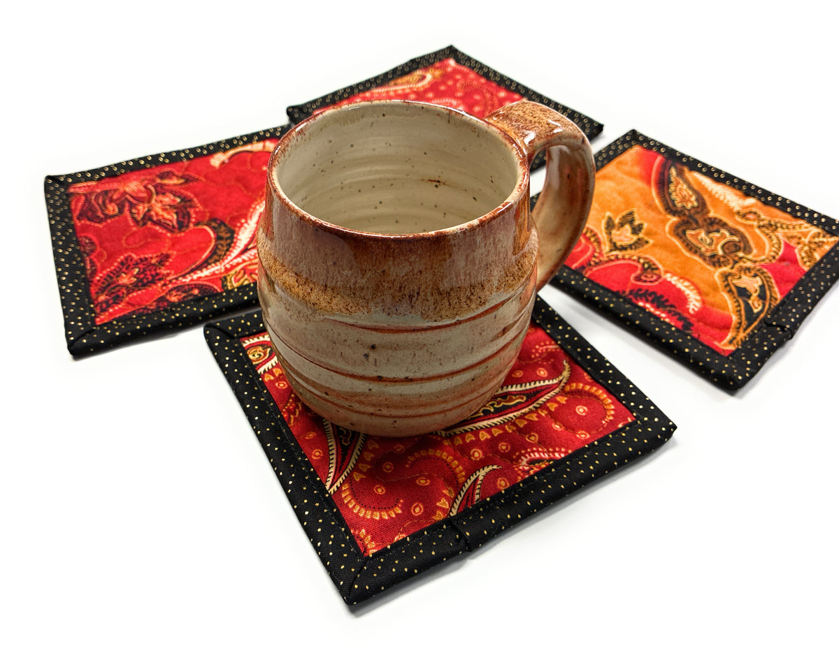 Paisley Rust Gold Red Quilted Fabric Coasters 5x5" Handmade Hot Cold Drinks Hostess Stocking Gift