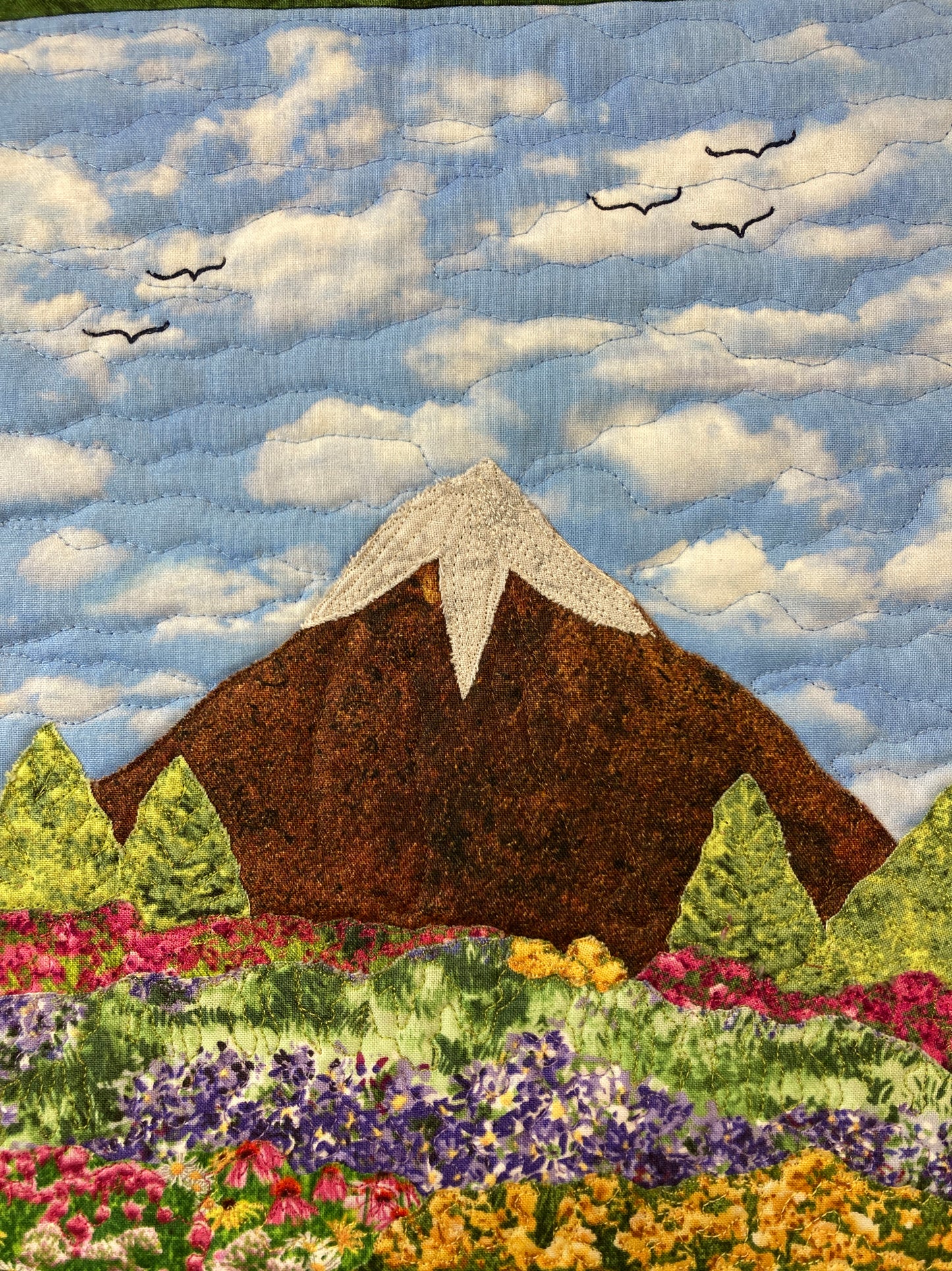 Meadow Flowers Mountain Landscape Art Quilt, 17x15" Tapestry Fabric Wall Hanging, Small Vertical Alpine Blue Skies Hiking Forest Original