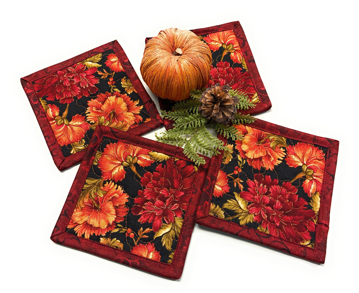 Red Orange Mums Quilted Fabric Coasters 5x5" Handmade Hot Cold Drinks Thanksgiving Decor