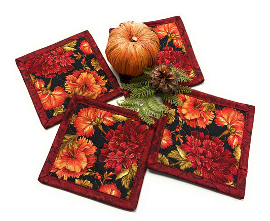 Red Orange Mums Quilted Fabric Coasters 5x5" Handmade Hot Cold Drinks Thanksgiving Decor