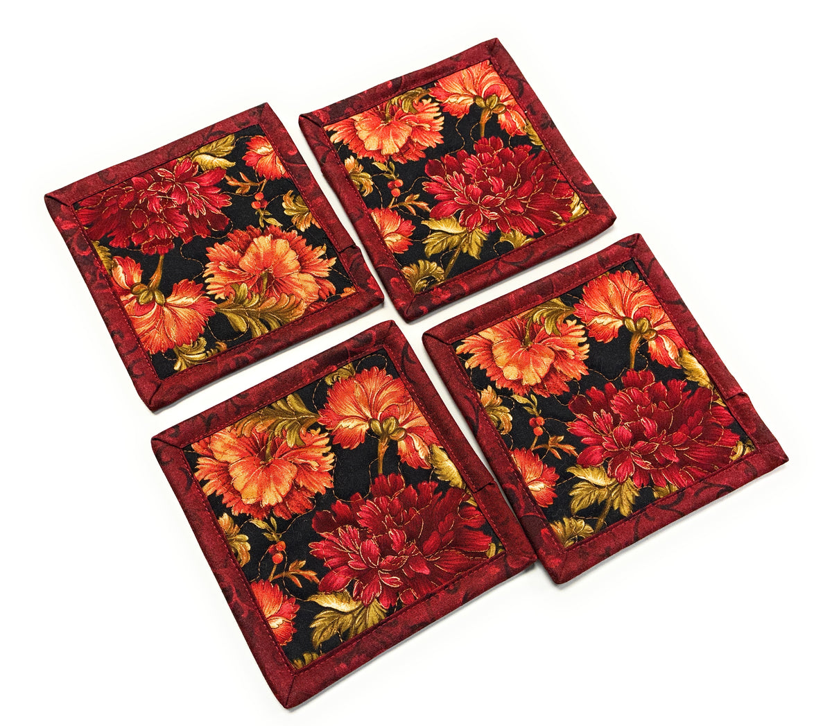 Red Orange Mums Quilted Fabric Coasters 5x5" Handmade Hot Cold Drinks Thanksgiving Decor