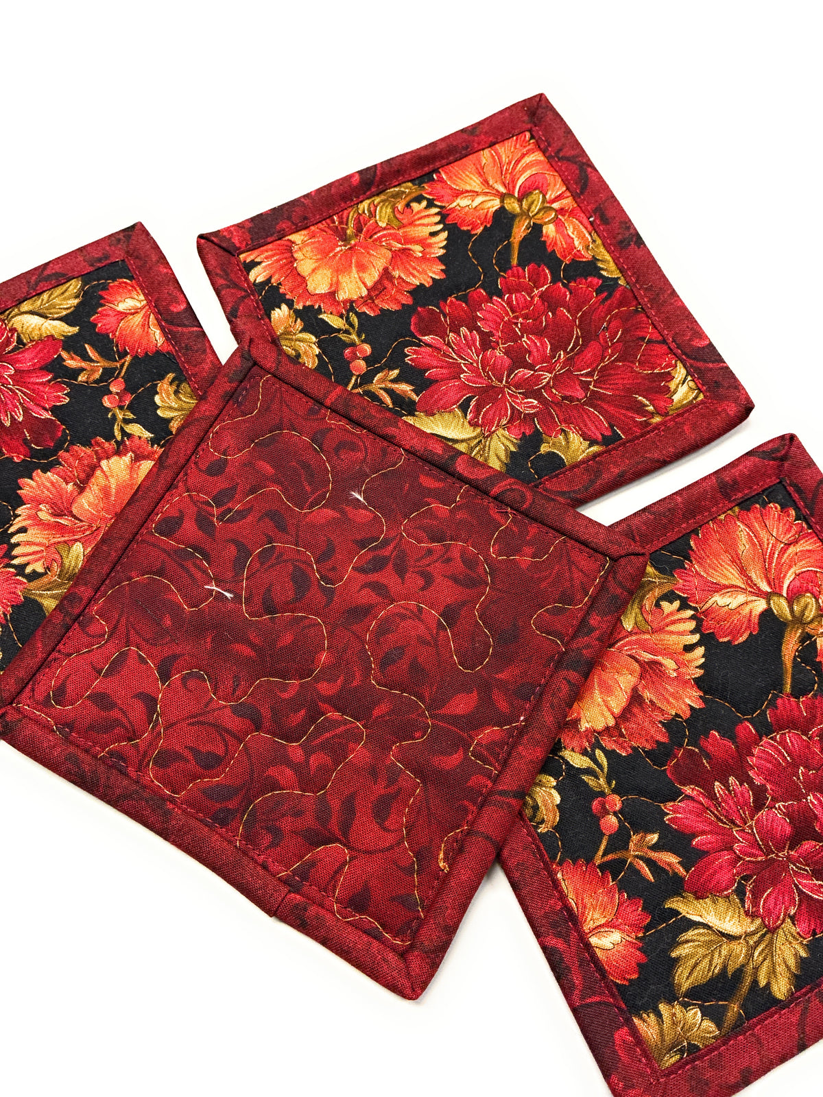 Red Orange Mums Quilted Fabric Coasters 5x5" Handmade Hot Cold Drinks Thanksgiving Decor