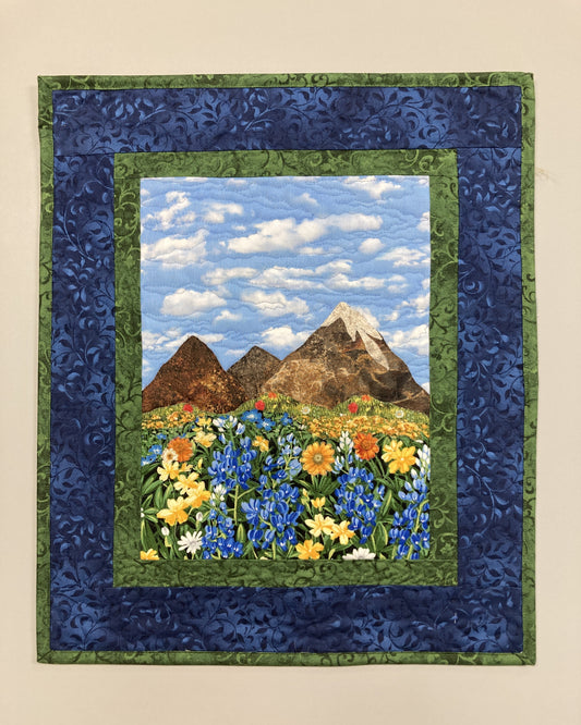 Snowy Mountains Meadow Flowers Landscape Art Quilt, Tapestry 16.5x19", Fabric Wall Hanging, Small Wall Art Alpine Blue Yellow Flowers Skies