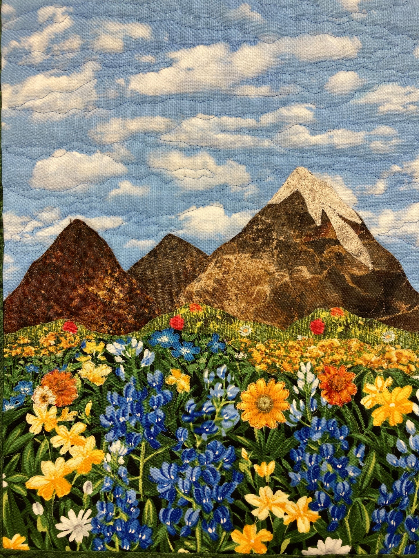 Snowy Mountains Meadow Flowers Landscape Art Quilt, Tapestry 16.5x19", Fabric Wall Hanging, Small Wall Art Alpine Blue Yellow Flowers Skies