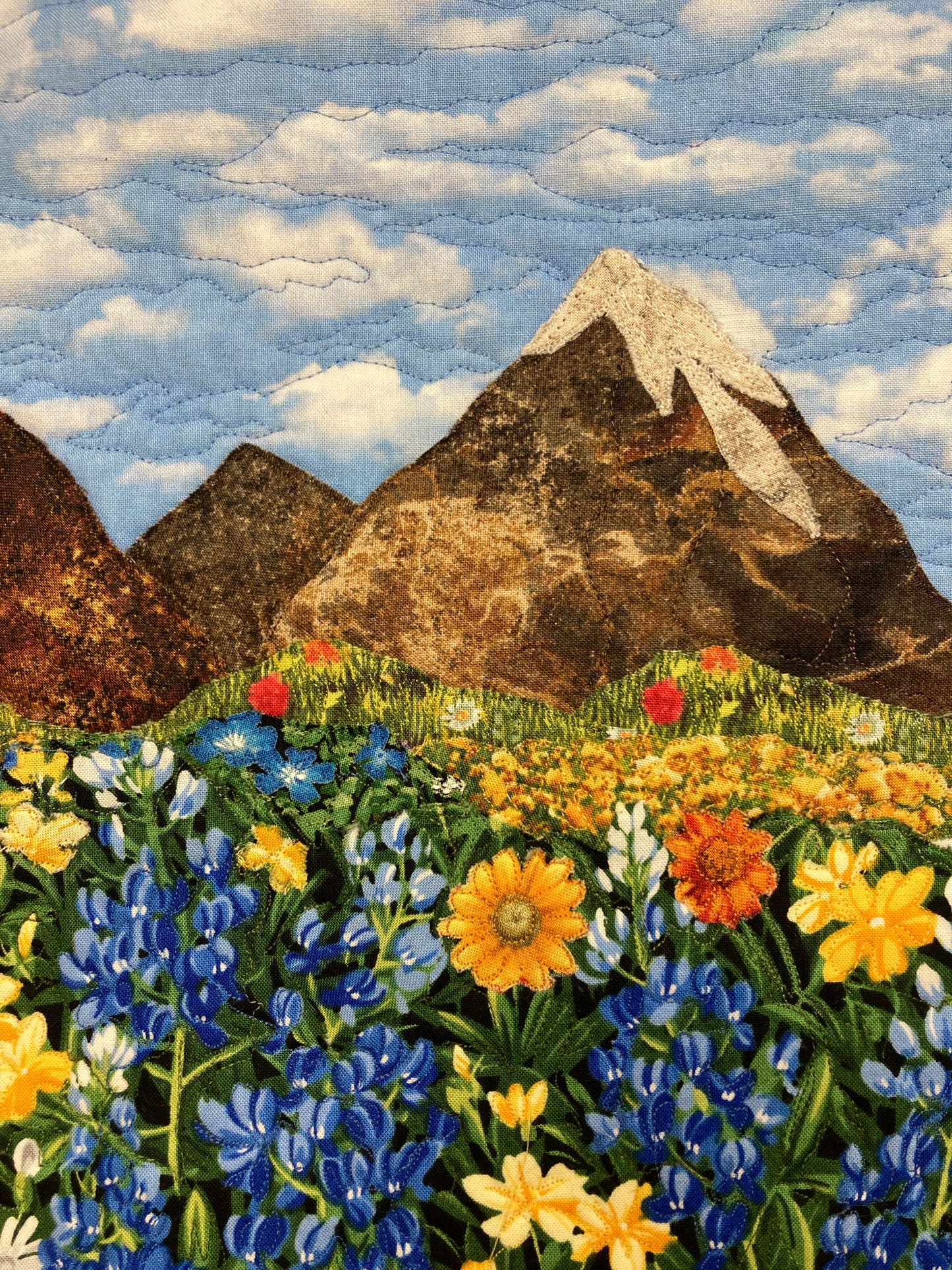 Snowy Mountains Meadow Flowers Landscape Art Quilt, Tapestry 16.5x19", Fabric Wall Hanging, Small Wall Art Alpine Blue Yellow Flowers Skies