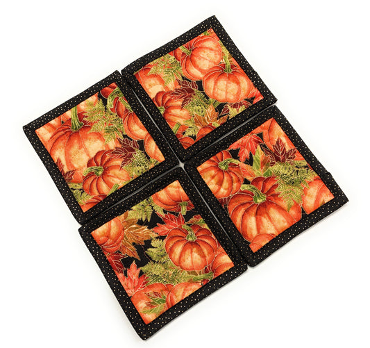 Pumpkins Fabric Hot Cold Drink Mats, Quilted Coasters, 5x5", Dining Coffee Table Handmade, Thanksgiving Fall Autumn