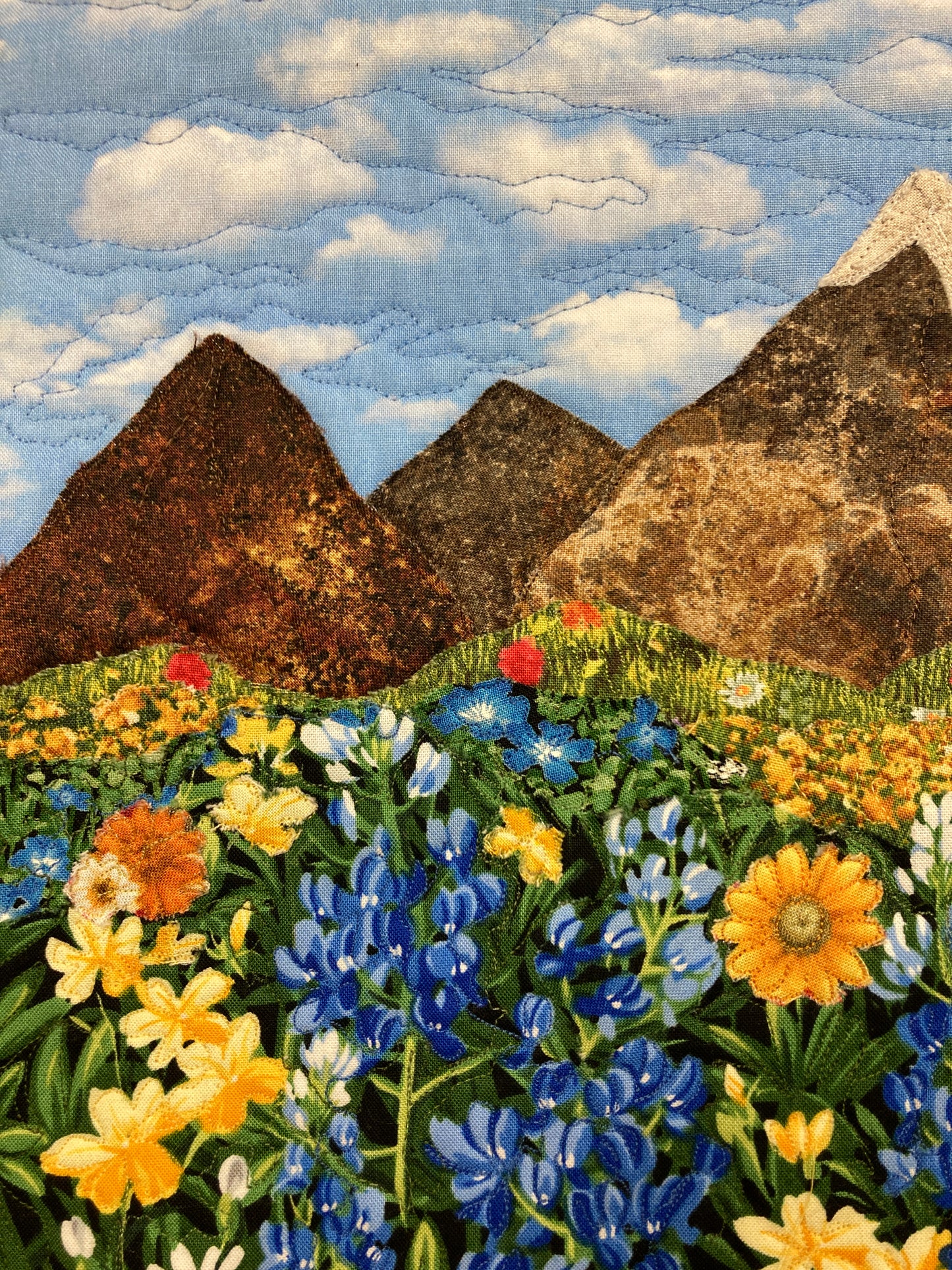 Snowy Mountains Meadow Flowers Landscape Art Quilt, Tapestry 16.5x19", Fabric Wall Hanging, Small Wall Art Alpine Blue Yellow Flowers Skies