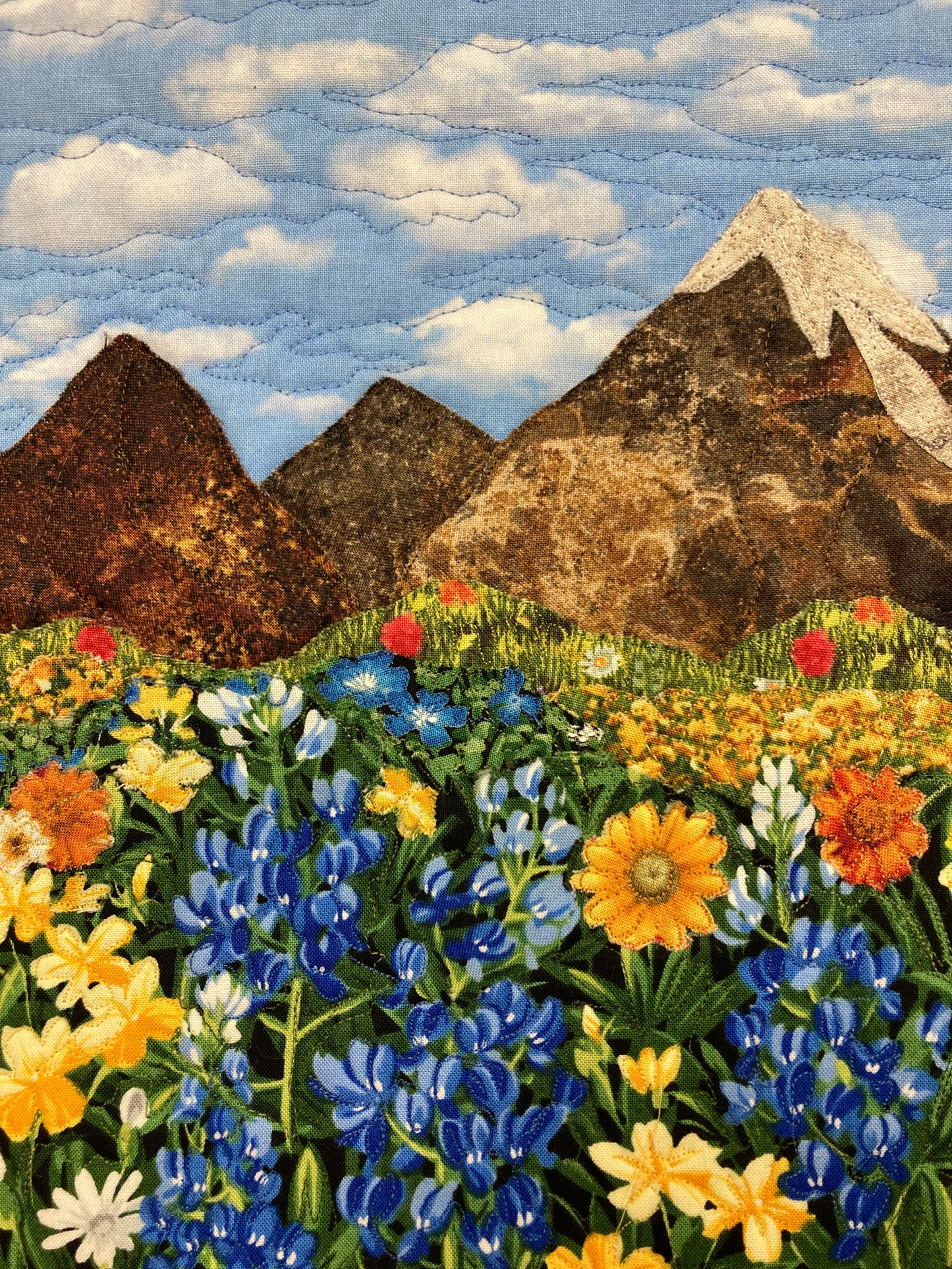 Snowy Mountains Meadow Flowers Landscape Art Quilt, Tapestry 16.5x19", Fabric Wall Hanging, Small Wall Art Alpine Blue Yellow Flowers Skies
