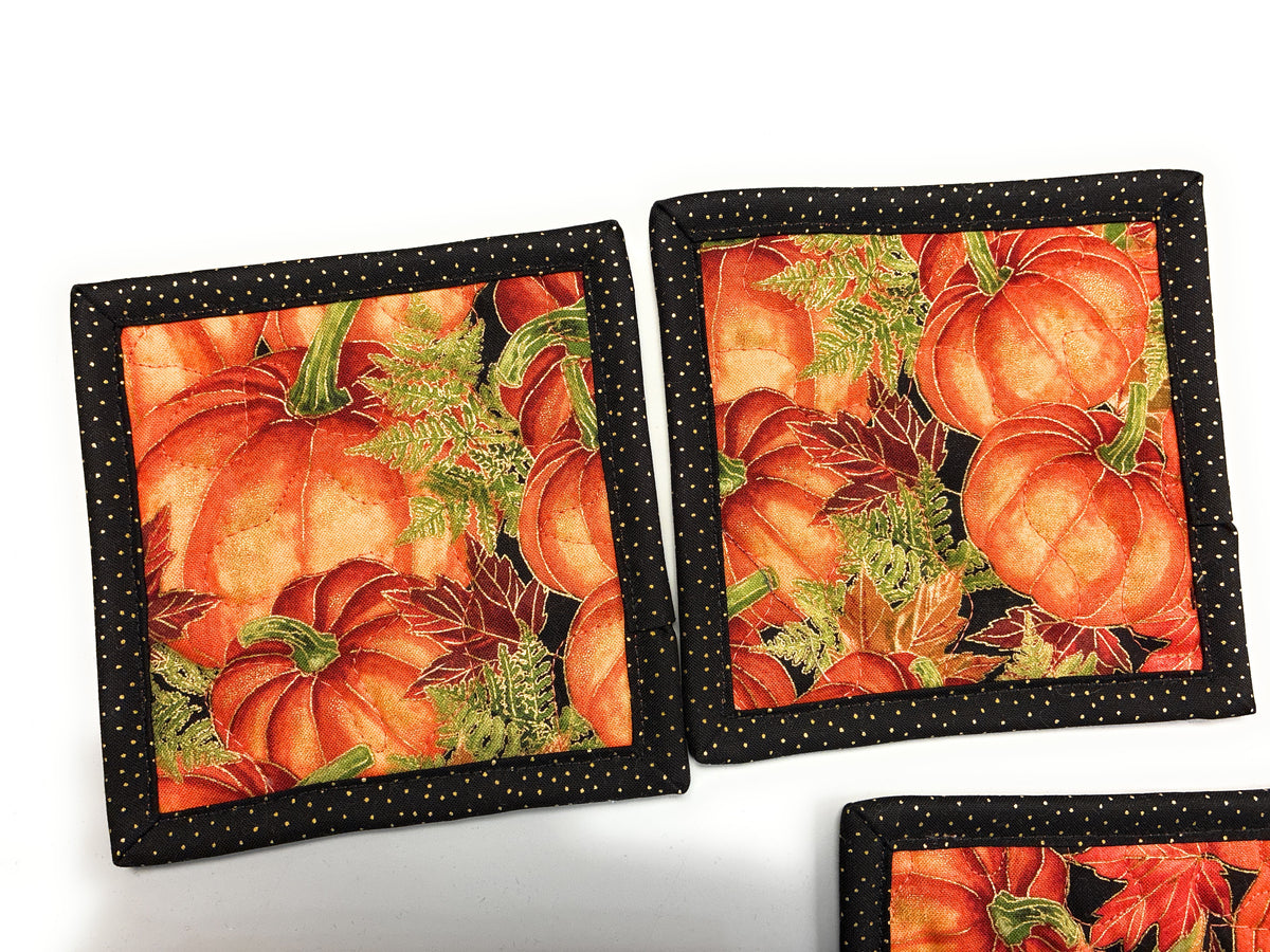 Pumpkins Fabric Hot Cold Drink Mats, Quilted Coasters, 5x5", Dining Coffee Table Handmade, Thanksgiving Fall Autumn