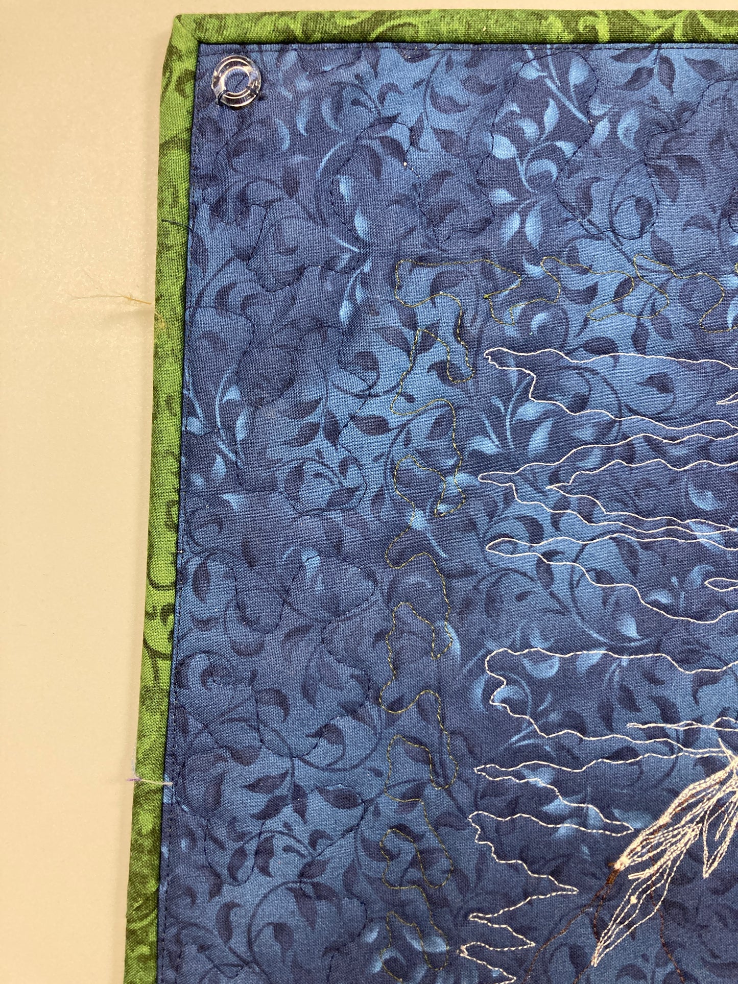 Meadow Flowers Mountain Landscape Art Quilt, 17x15" Tapestry Fabric Wall Hanging, Small Vertical Alpine Blue Skies Hiking Forest Original