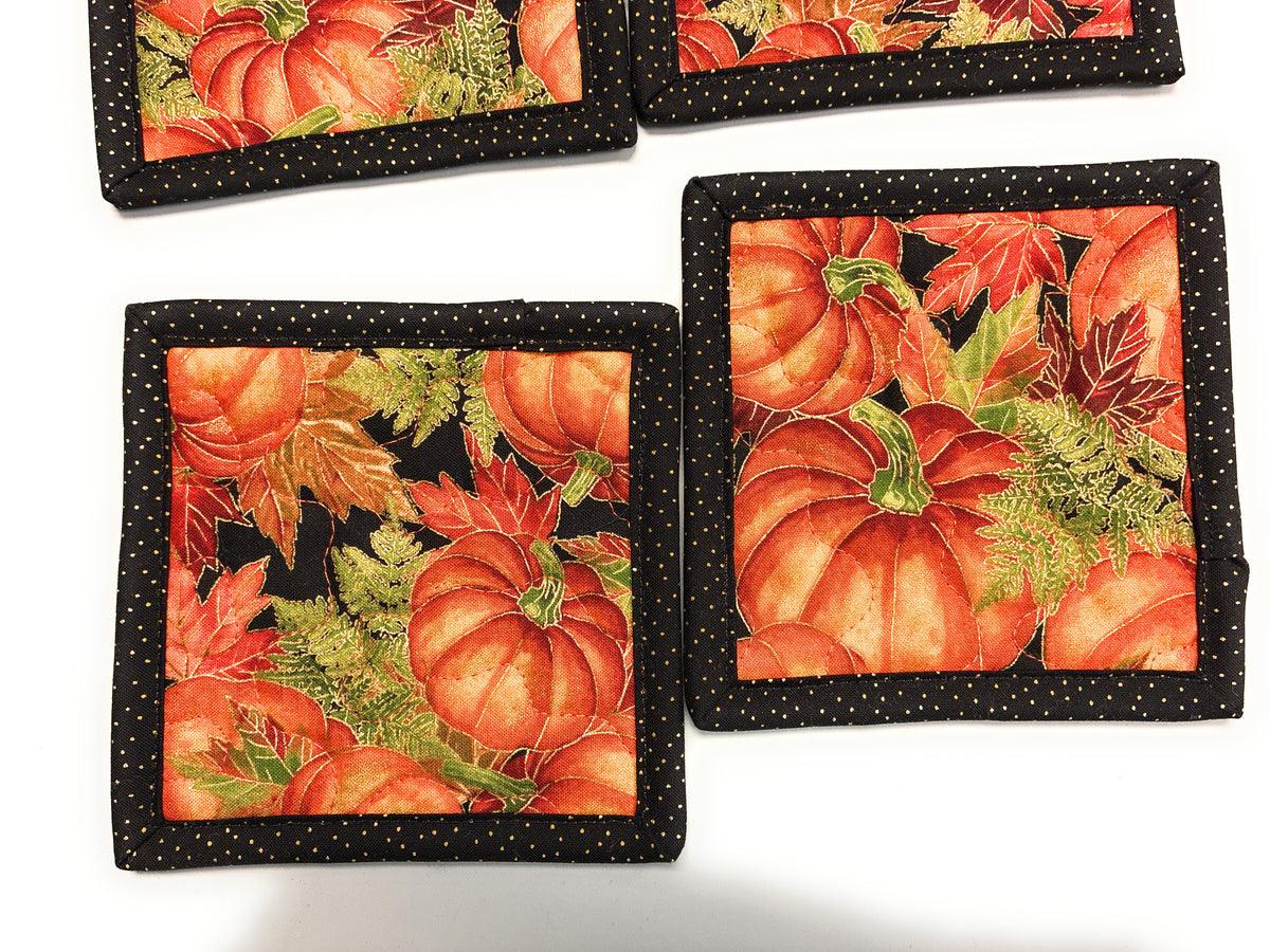 Pumpkins Fabric Hot Cold Drink Mats, Quilted Coasters, 5x5", Dining Coffee Table Handmade, Thanksgiving Fall Autumn