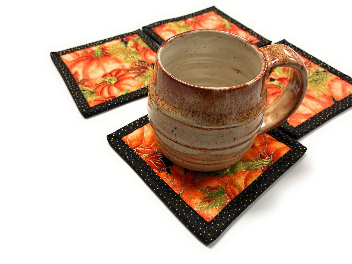 Pumpkins Fabric Hot Cold Drink Mats, Quilted Coasters, 5x5", Dining Coffee Table Handmade, Thanksgiving Fall Autumn